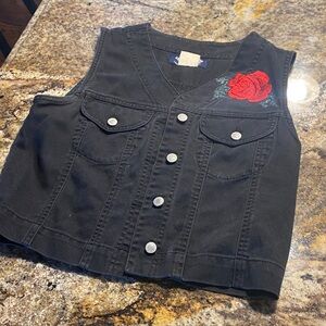 Vintage Jordache Black Vest with Red Rose Detail